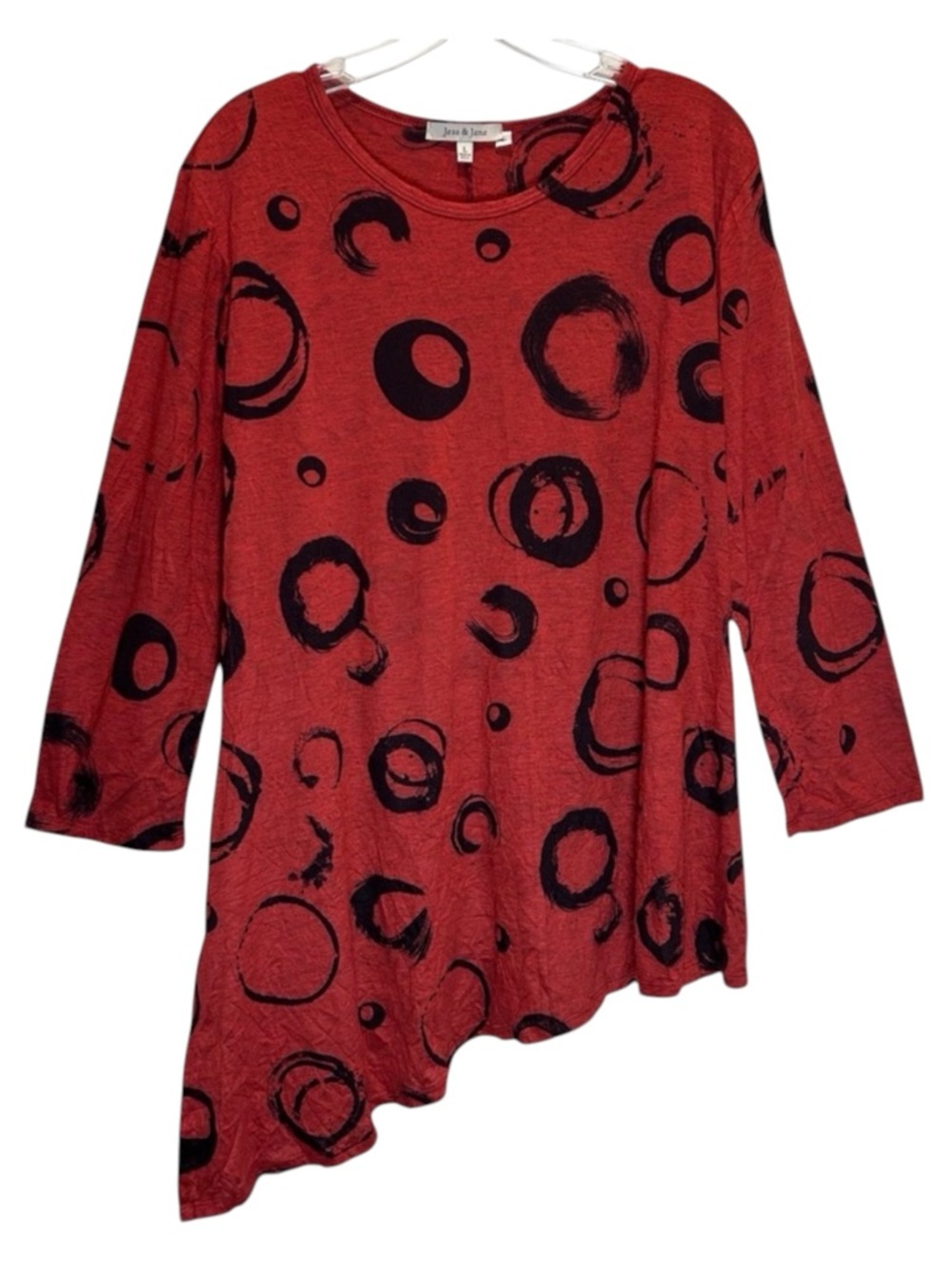 Jess & Jane Red and Black Circle Print Asymmetrical Long Sleeve Tunic - Large
